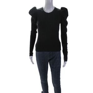 Robertson + Rodeo Womens Ribbed Long Puff Sleeve Blouse Black Size S/M
